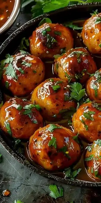 Boulettes de poulet indien épicées sur une assiette garnie d'herbes fraîches