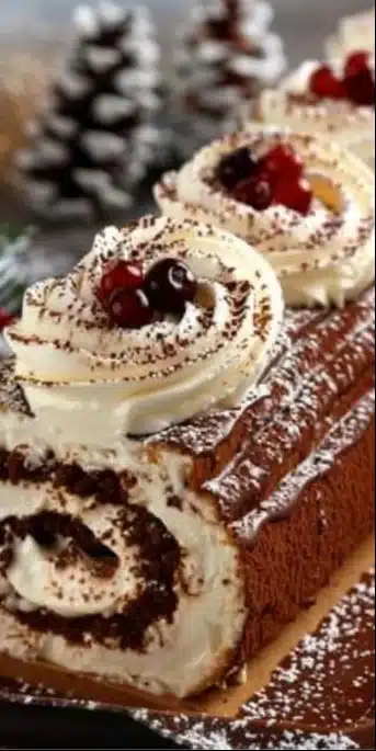 Bûche Tiramisu Onctueuse Facile, un dessert savoureux et crémeux pour les celebrations.