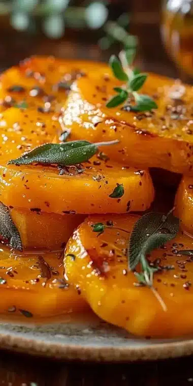 Butternut squash rôti avec beurre noisette et sauge dans un plat savoureux