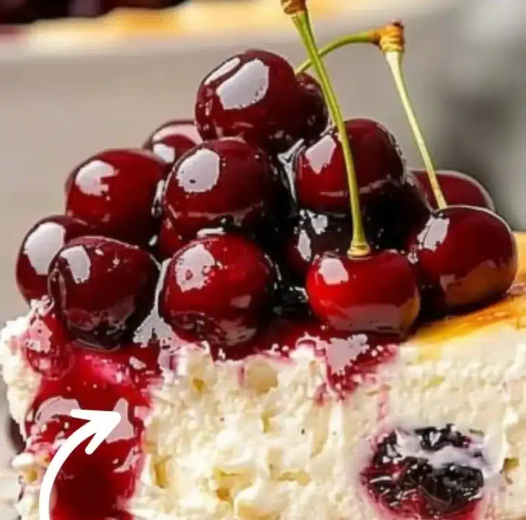 Cheesecake aux cerises avec un fond croustillant et une garniture crémeuse.