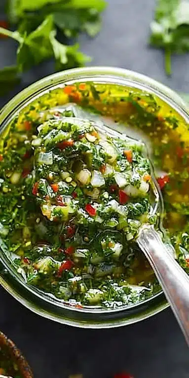 Sauce chimichurri argentine faite maison sur un plat de viande grillée.