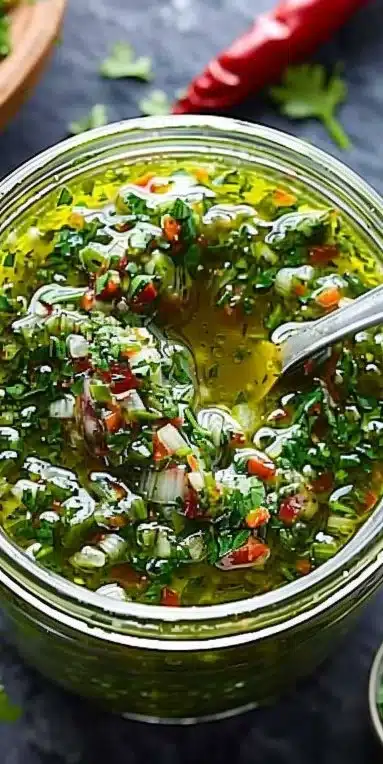 Sauce chimichurri vert traditionnel dans un bol avec des herbes fraîches