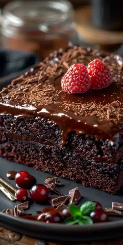 Gâteau au chocolat des 7 Cuillères avec un glaçage riche et moelleux.