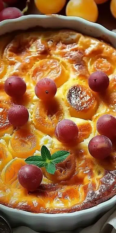 Clafoutis aux mirabelles et mascarpone, dessert français savoureux et crémeux.