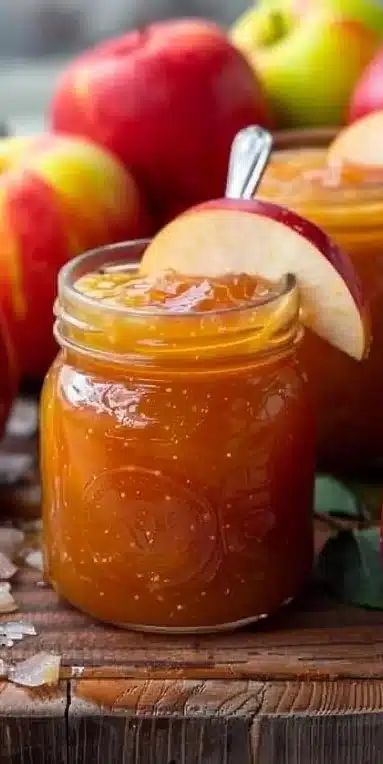 Pot de confiture de pommes fait maison sur une table en bois.