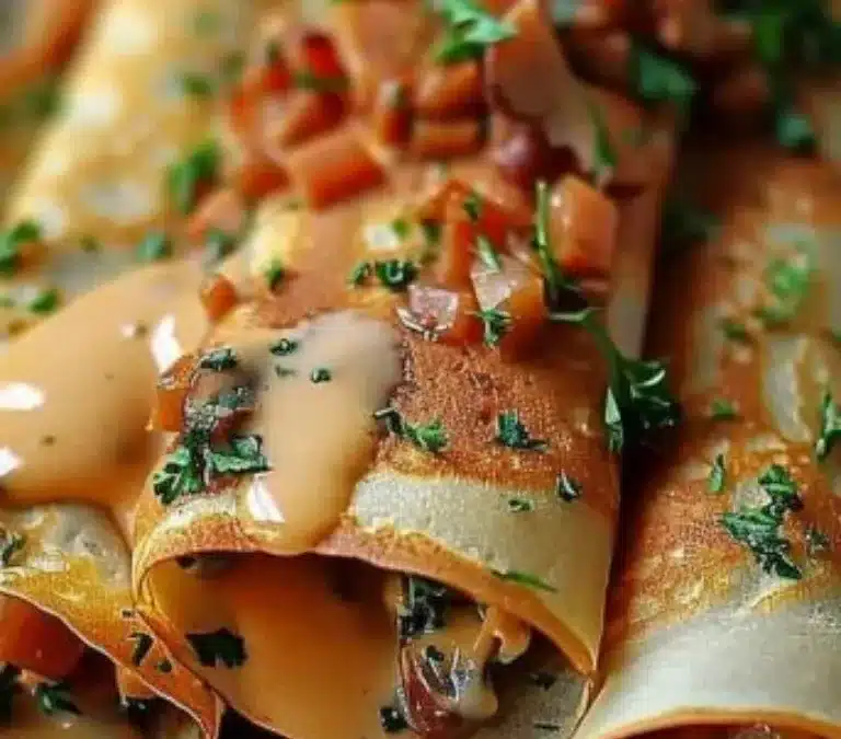 Crêpes salées aux champignons garnies et prêtes à être dégustées.