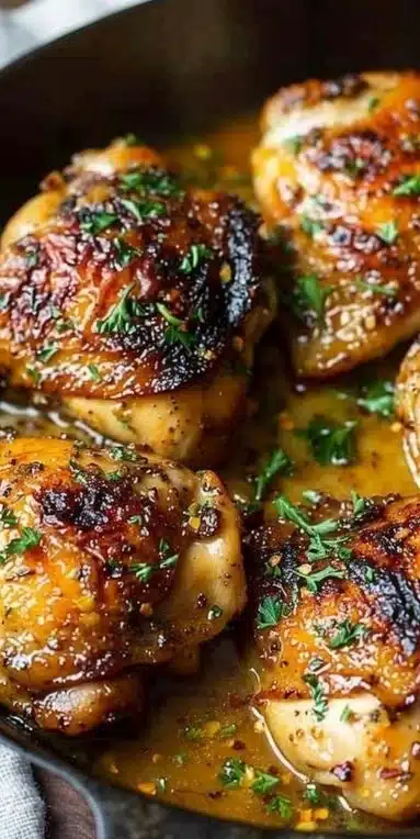 Cuisse de poulet à la poêle dorée et savoureuse, prête à être servie.