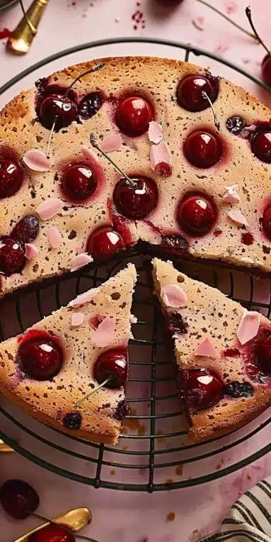 Gâteau aux cerises facile présenté sur une assiette avec des cerises fraîches