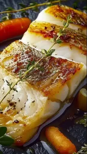 Filets de poisson aux petits légumes présentés dans une assiette