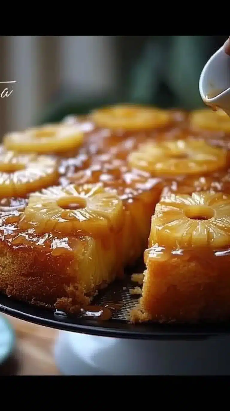 Gâteau Ananas Caramel moelleux avec un glaçage au caramel doré