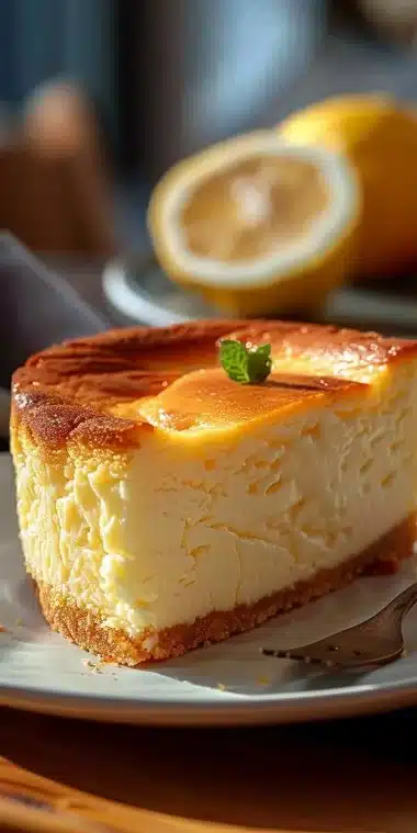 Gâteau au fromage blanc citron servi sur une assiette avec décoration