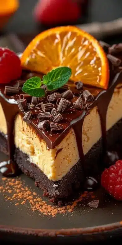 Gâteau au fromage chocolat orange décoré avec des zestes d'orange