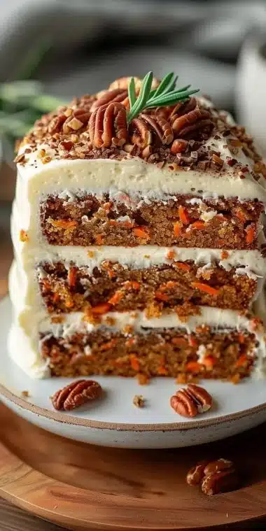Gâteau aux Carottes moelleux décoré avec des noix et glaçage crémeux