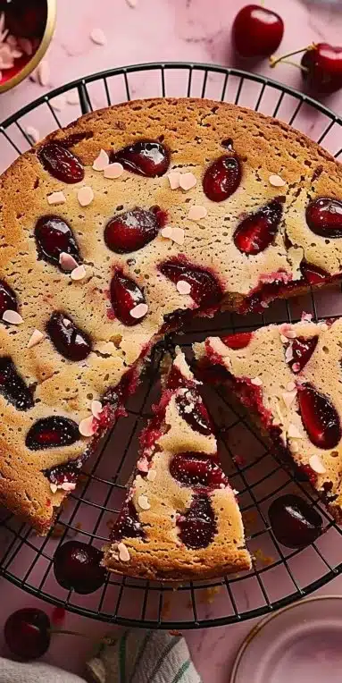 Gâteau aux cerises moelleux, un dessert savoureux et fruité.
