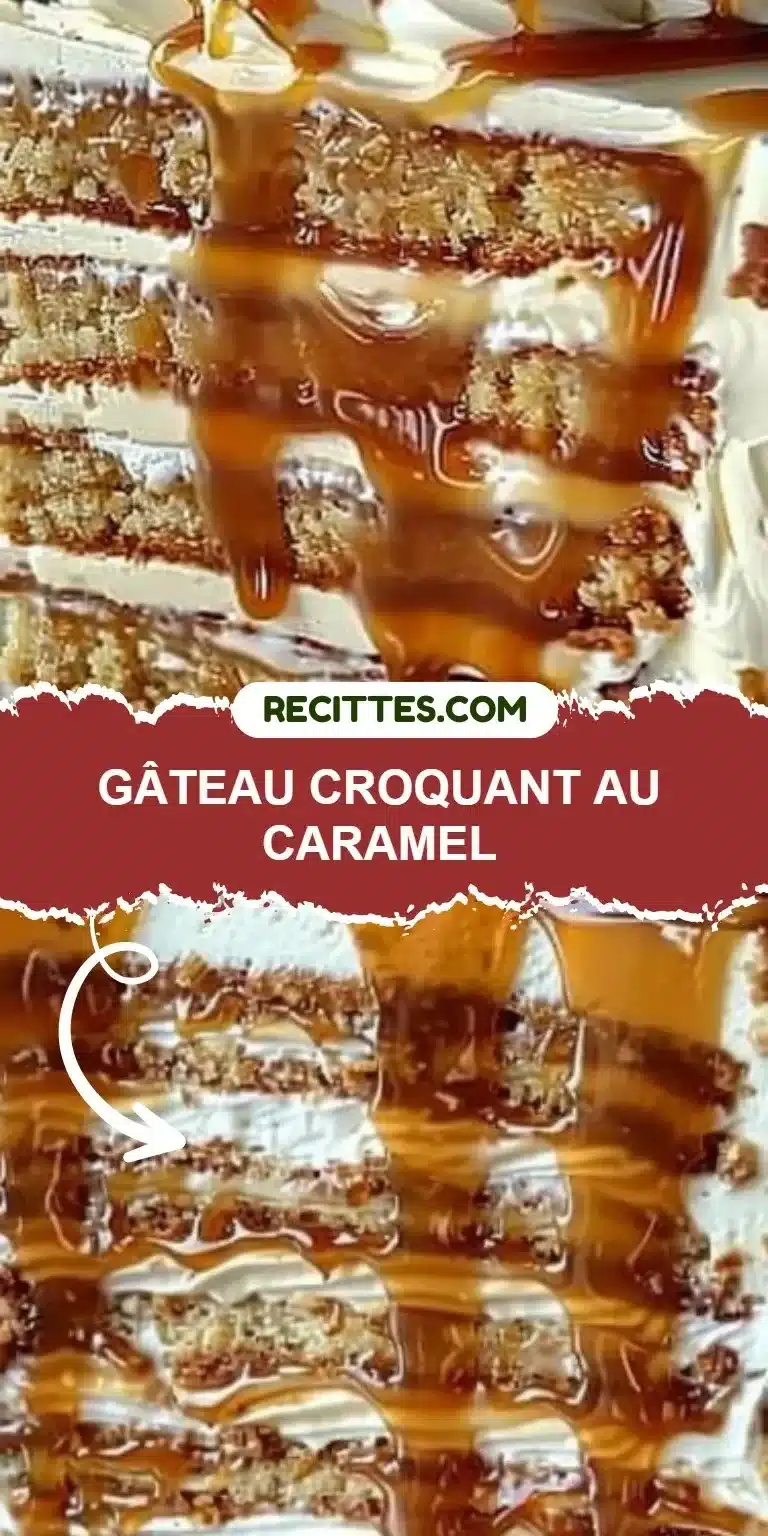 Gâteau Croquant au Caramel avec une belle présentation et un dessus croustillant.