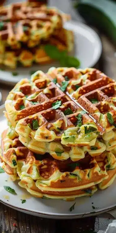 Gaufre courgette fromage garnie de fromage fondu et herbes fraîches.