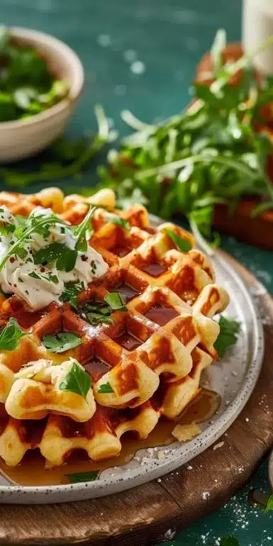 Gaufres salées au cheddar et parmesan servies avec garnitures