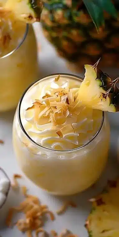 Granité Ananas Coco servi dans un verre, garniture estivale à base de fruits