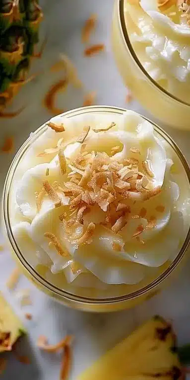 Granité Pina Colada sans alcool dans un verre, décoré de fruits tropicaux.