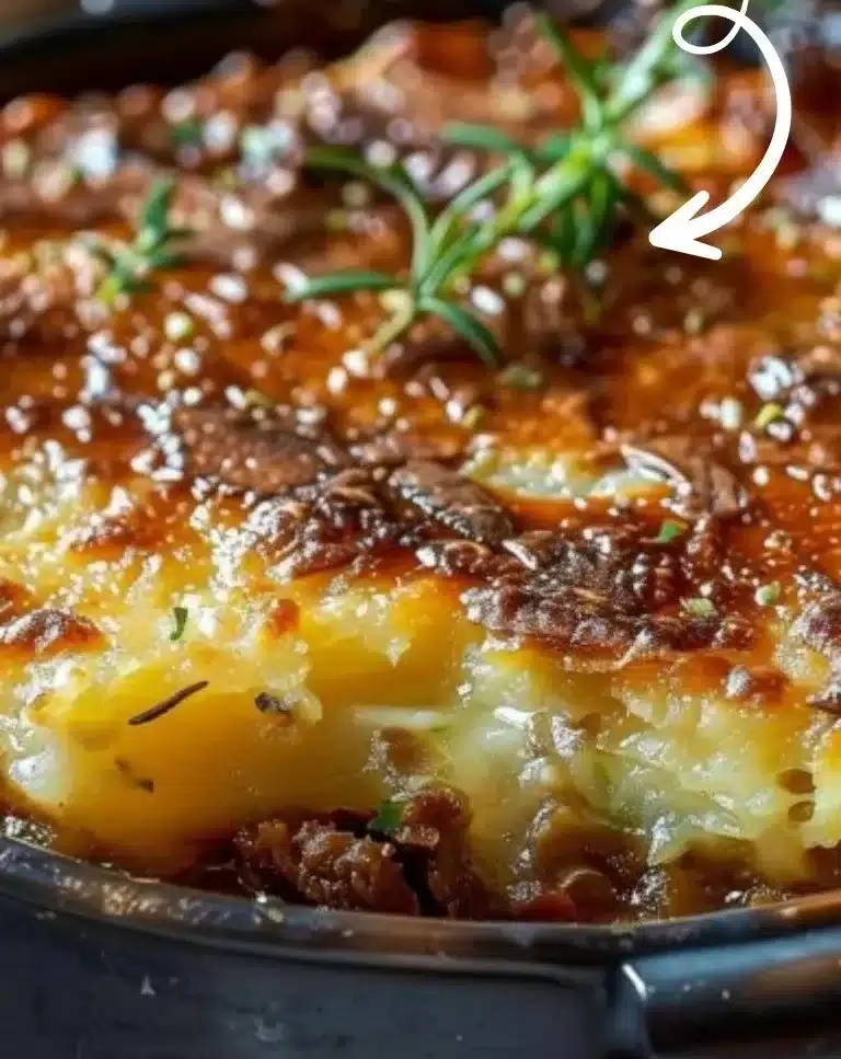 Gratin de pommes de terre au bœuf haché servi dans un plat en céramique