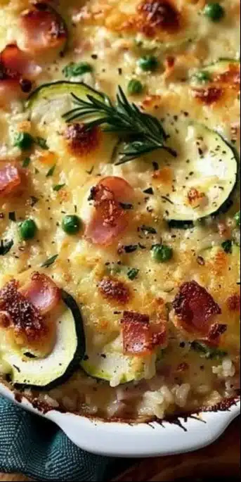 Gratin fondant aux courgettes, jambon et riz, un plat crémeux et savoureux