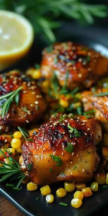 Hauts de cuisse de poulet cuits au four, bien dorés et appétissants.