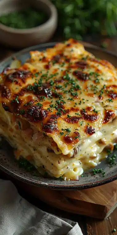 Lasagnes faciles avec champignons, jambon et fromage au four
