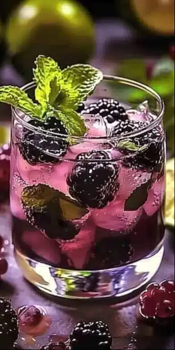 Mojito à la myrtille et à la menthe servi dans un verre