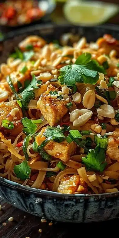 Plat de Pad Thaï au Poulet avec légumes et cacahuètes