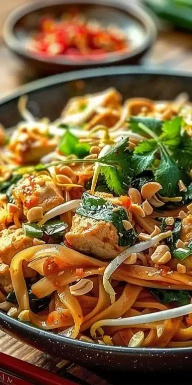 Recette de Pad Thaï au poulet facile et rapide, plat savoureux thaïlandais