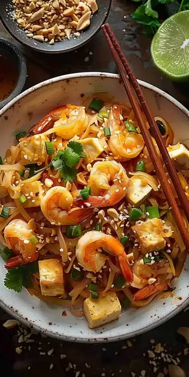 Savoureux Pad Thaï aux Crevettes préparé avec des ingrédients frais et authentiques.