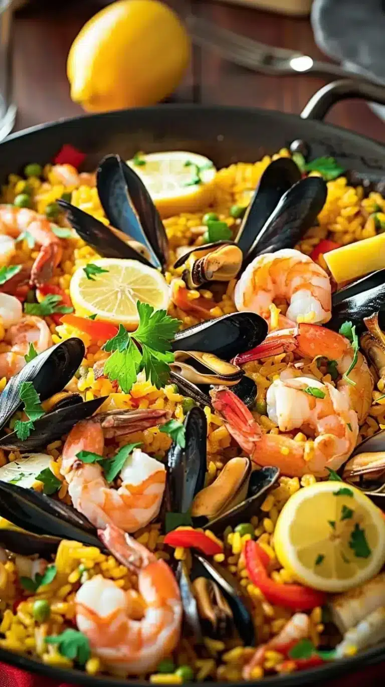 Recette de Paëlla Traditionnelle Facile avec ingrédients frais et épices typiques.