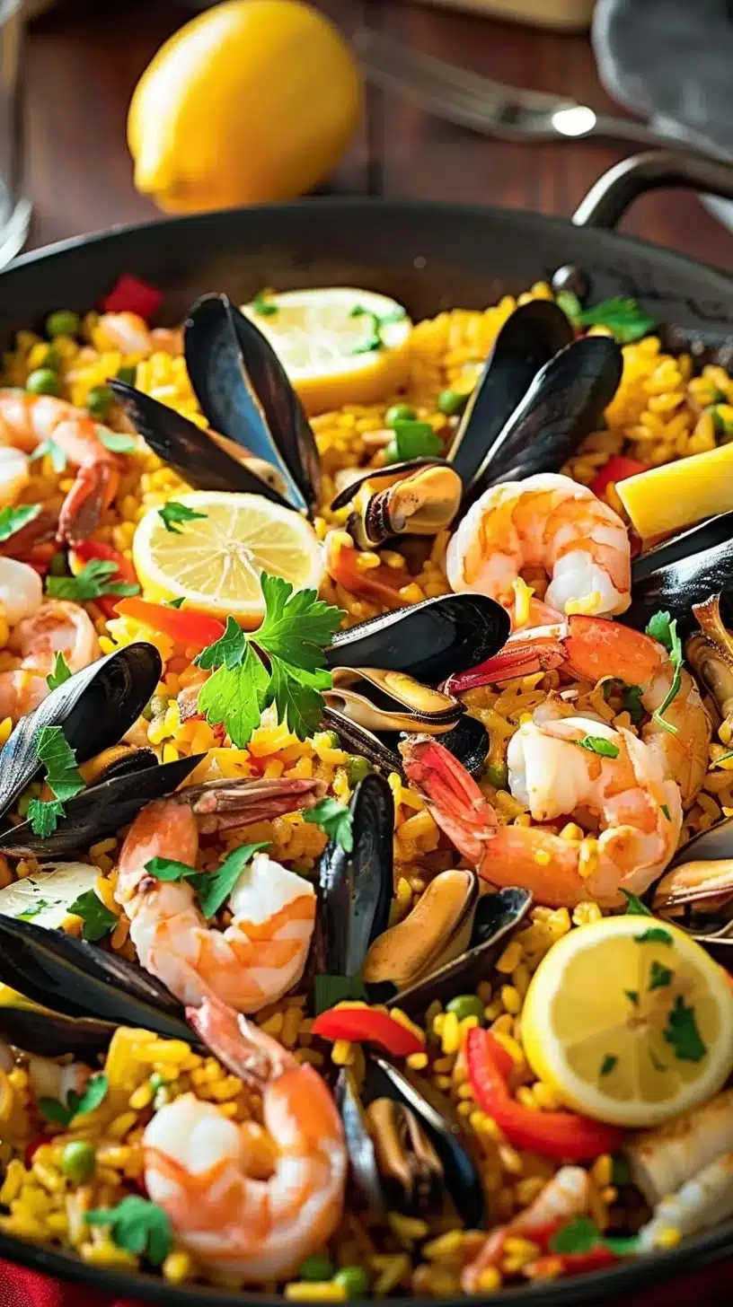 Recette de Paëlla Traditionnelle Facile avec ingrédients frais et épices typiques.