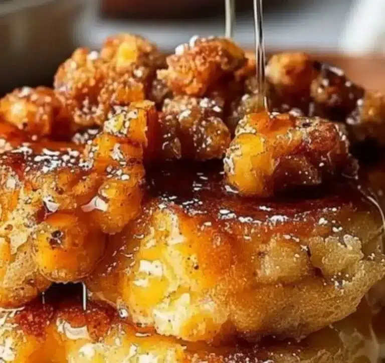 Pain Perdu Moelleux, un dessert français doré et moelleux avec sirop d'érable sur assiette.