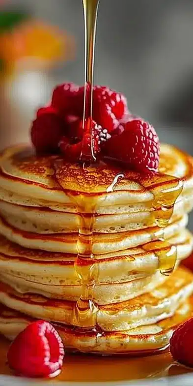 Pancakes américains moelleux avec sirop d'érable et fruits frais