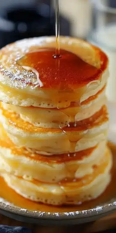 Pancakes japonais moelleux empilés avec du sirop et des baies fraîches