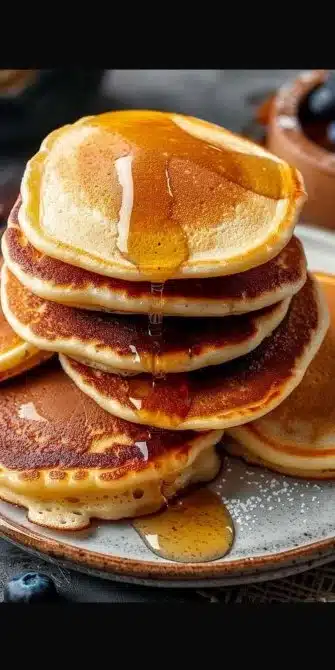 Pancakes légers et moelleux prêts à être dégustés avec des fruits