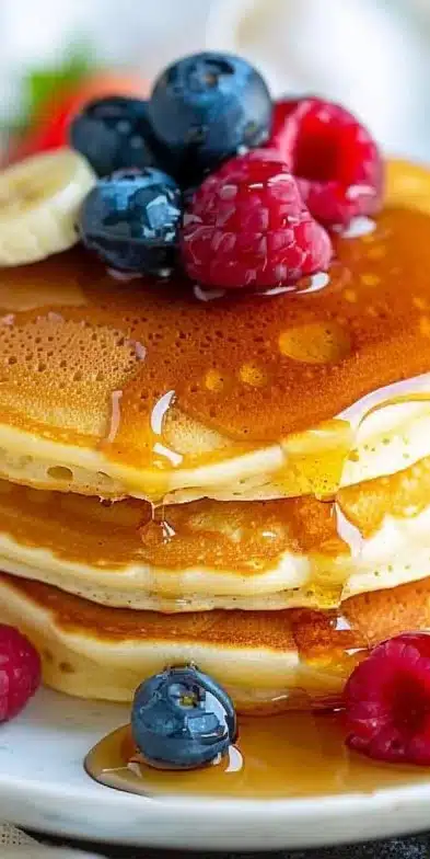 Pancakes moelleux maison dorés sur une assiette avec sirop d'érable.