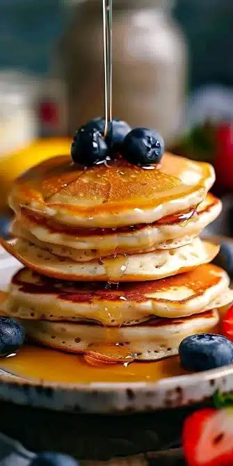 Pancakes maison au yaourt, légers et moelleux, servis avec des fruits