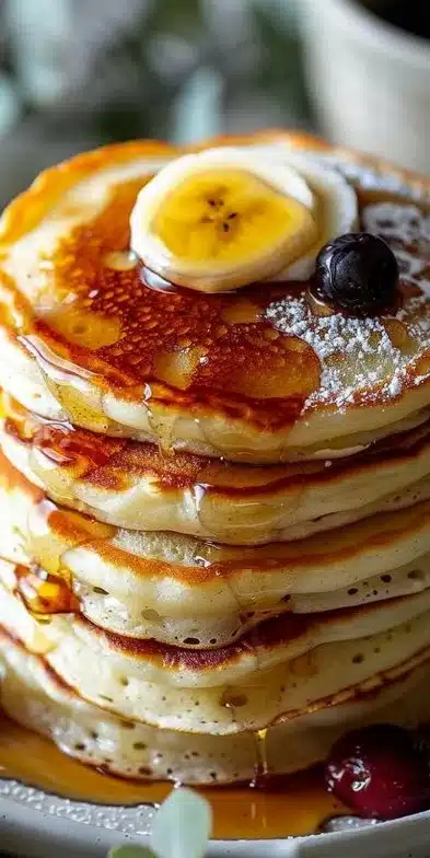 Pancakes moelleux garnis de sirop d'érable et de fruits frais