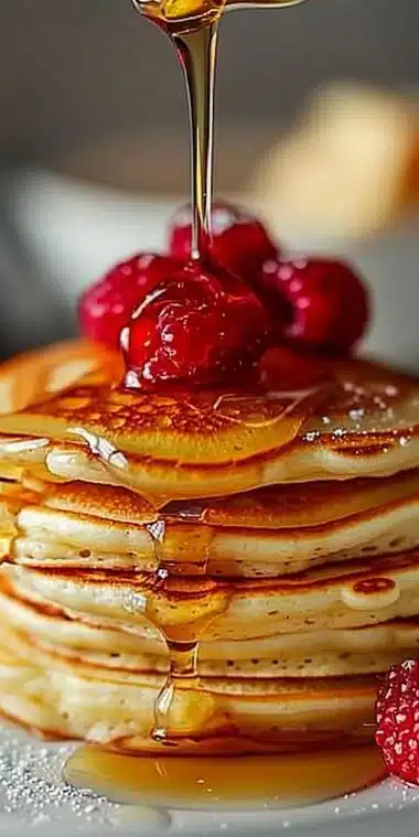 Pancakes moelleux dorés servis avec des fruits et du sirop