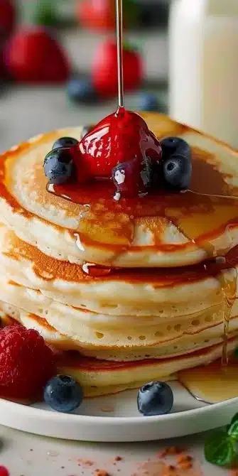 Pancakes moelleux à la vanille servies avec du sirop d'érable et des fruits frais