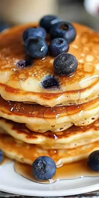 Pancakes protéinés dorés, garnis de fruits et miel pour un petit-déjeuner nutritif.