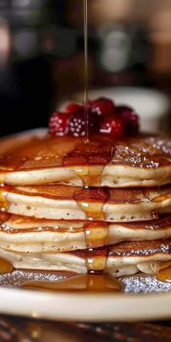 Des pancakes sans beurre sur une assiette avec des fruits frais