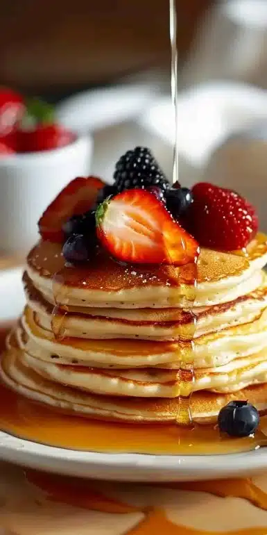 Pancakes sans gluten dorés sur une assiette avec des fruits frais