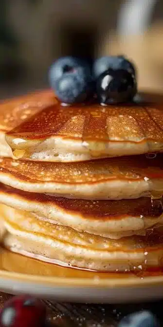 Pancakes moelleux sans beurre sur une assiette avec des fruits frais