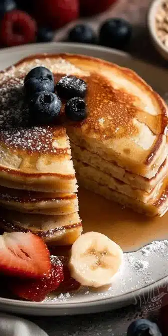 Pancakes moelleux sans œufs sur une assiette garnie de sirop d'érable et de fruits.