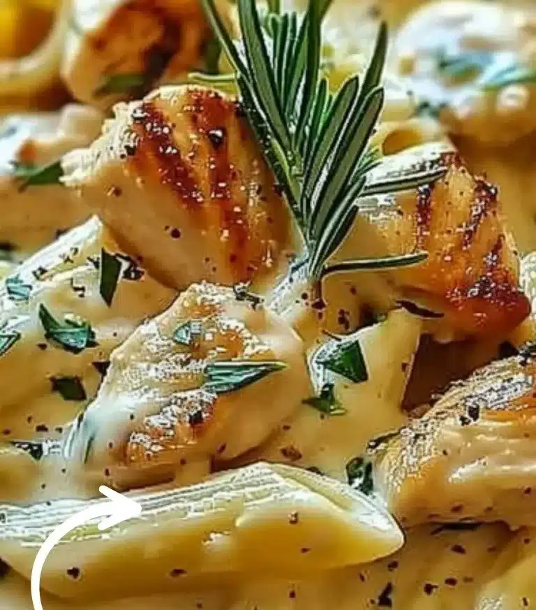 Pâtes avec poulet et sauce Boursin crémeuse dans une assiette