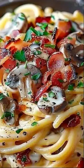 Assiette de pâtes Boscaiola garnie de champignons et de sauce crémeuse