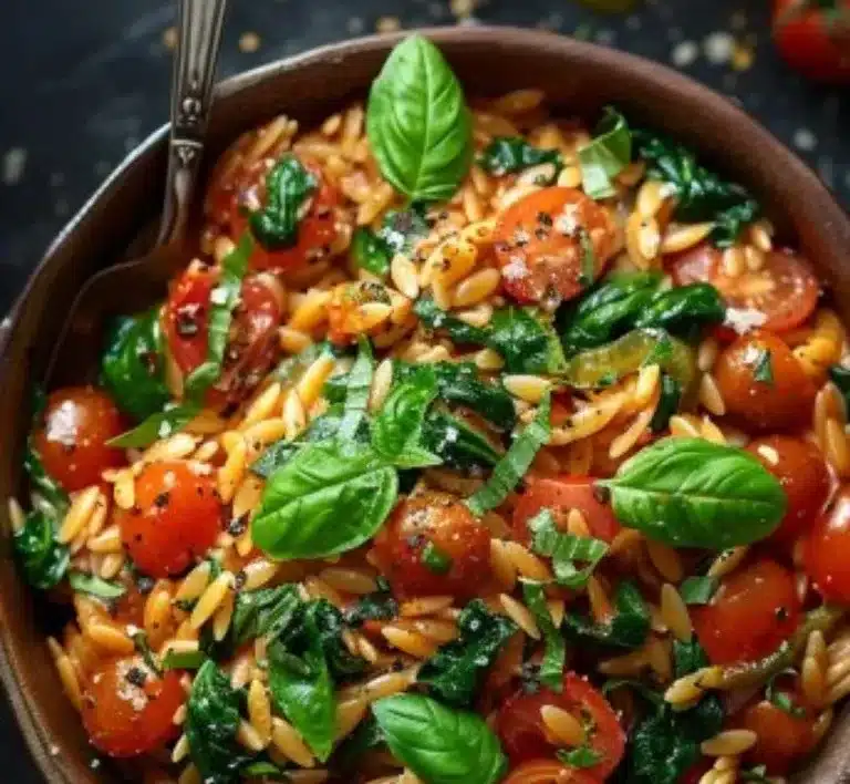 Pâtes orzo crémeuses aux épinards et tomates dans un plat savoureux